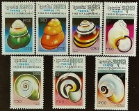 Набор почтовых марок (7 шт.). "Наземные улитки". 1988 год, Камбоджа.