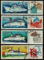 Набор почтовых марок с этикеткой (4 шт.). "Паромные суда". 1986 год, Польша.