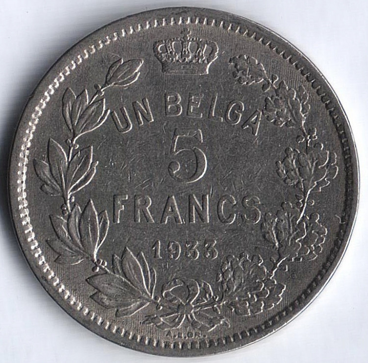 Монета 5 франков. 1933 год, Бельгия (Des Belges).