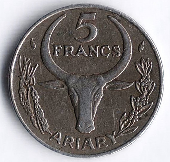 Монета 5 франков. 1976 год, Мадагаскар.