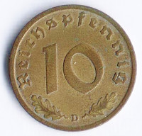 Монета 10 рейхспфеннигов. 1937 год (D), Третий Рейх.