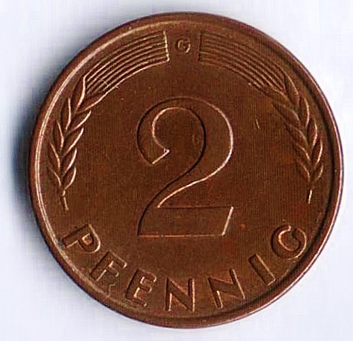 Монета 2 пфеннига. 1960(G) год, ФРГ.
