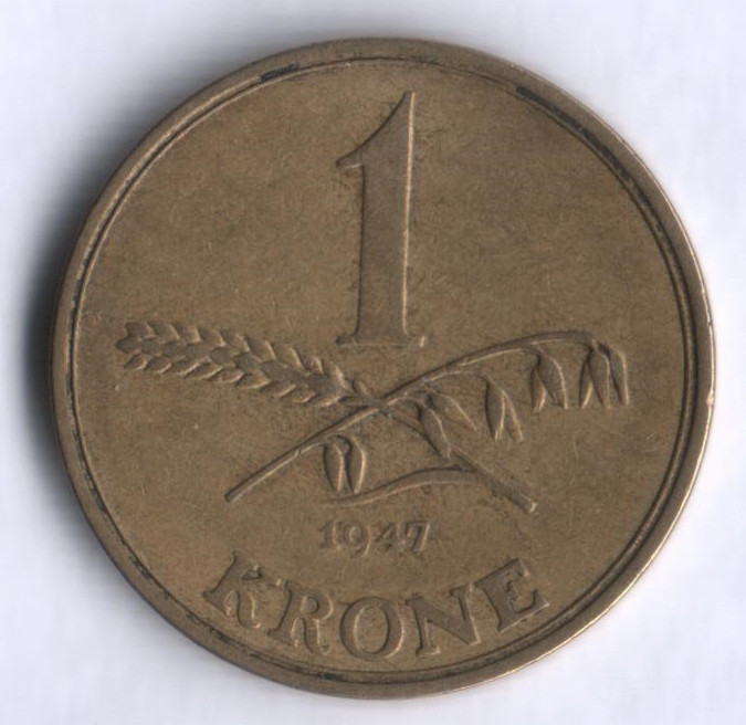 Монета 1 крона. 1947 год, Дания. N;S.