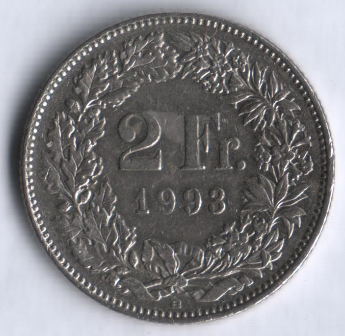 2 франка. 1993 год, Швейцария.