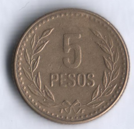 Монета 5 песо. 1990 год, Колумбия.