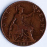 Монета 1 пенни. 1902 год, Великобритания.