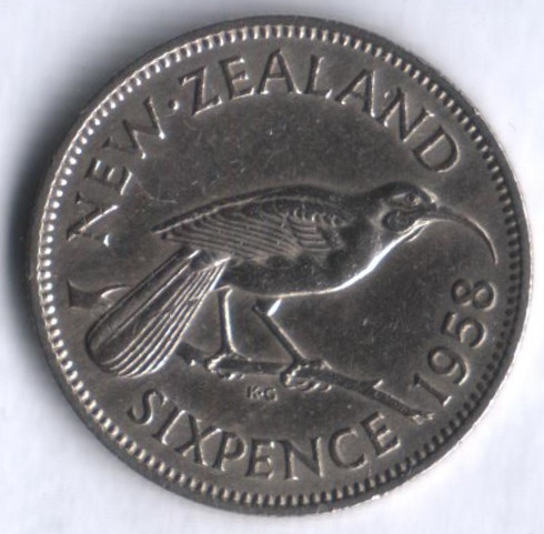 Монета 6 пенсов. 1958 год, Новая Зеландия.