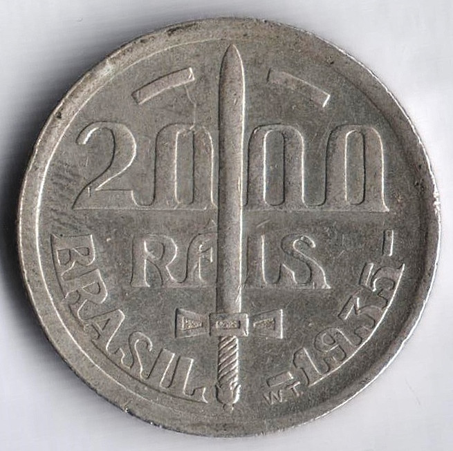 Монета 2000 рейсов. 1935 год, Бразилия.