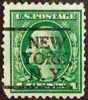 Почтовая марка (1 c.). "Джордж Вашингтон". 1912 год, США. Предварительное гашение "NEW YORK,/N.Y.".