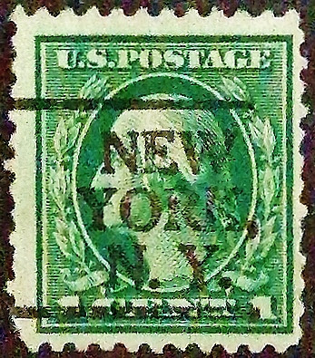 Почтовая марка (1 c.). "Джордж Вашингтон". 1912 год, США. Предварительное гашение "NEW YORK,/N.Y.".