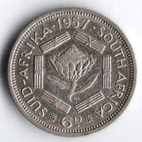 Монета 6 пенсов. 1957 год, Южная Африка.