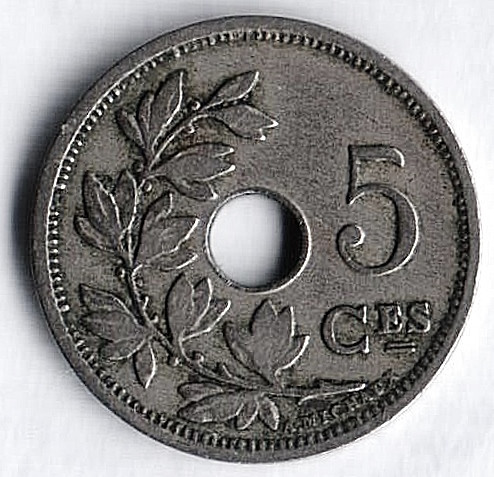 Монета 5 сантимов. 1901 год, Бельгия (Belgique).