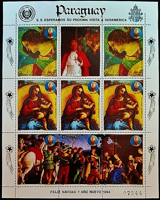 Блок марок. "Рождество 1983 - Новый год 1984". 1984 год, Парагвай. Блок марок. "Рождество 1983 - Новый год 1984". 1984 год, Парагвай.