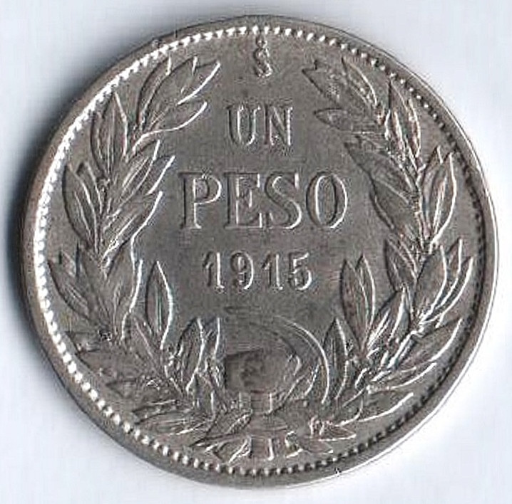 Монета 1 песо. 1915 год, Чили.