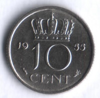 Монета 10 центов. 1955 год, Нидерланды.