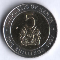 Монета 5 шиллингов. 1997 год, Кения.