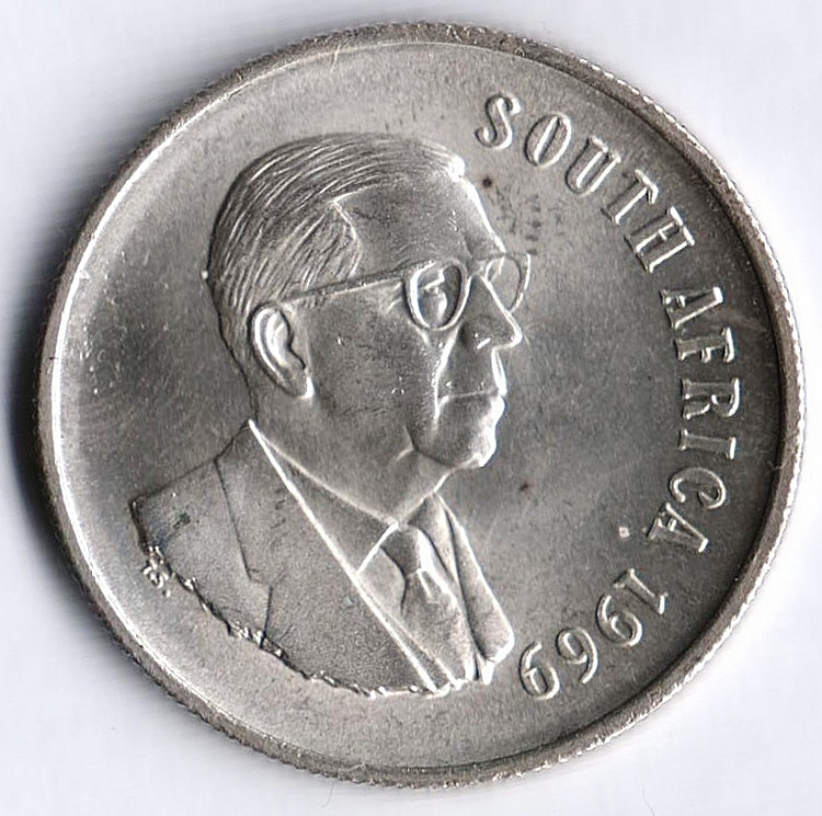 Монета 1 ранд. 1969 год, ЮАР (South Africa).