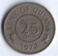 Монета 25 центов. 1972 год, Гайана.