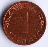 Монета 1 пфенниг. 1972(D) год, ФРГ.