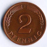Монета 2 пфеннига. 1960(J) год, ФРГ.