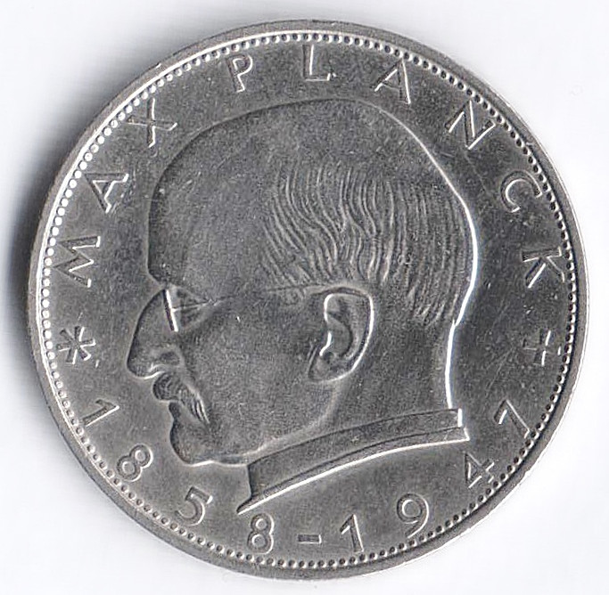 Монета 2 марки. 1958(F) год, ФРГ. Макс Планк.