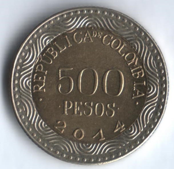 Монета 500 песо. 2014 год, Колумбия.