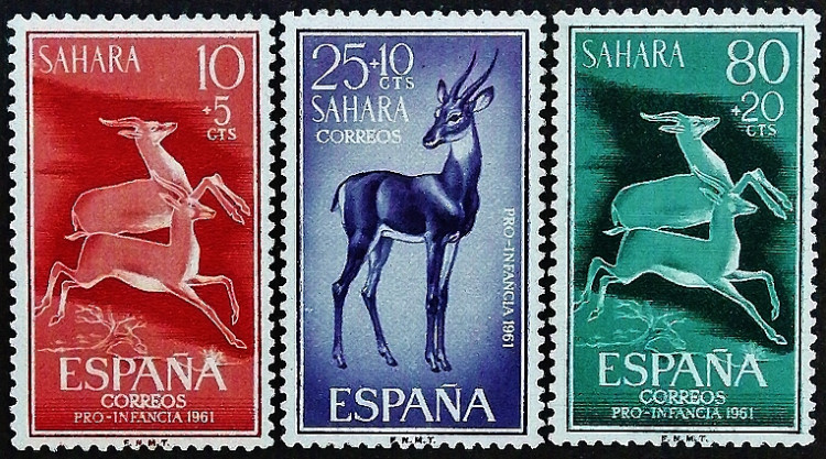 Набор марок  (3 шт.). "В защиту детей: Газель-доркас". 1961 год, Испанская Сахара.