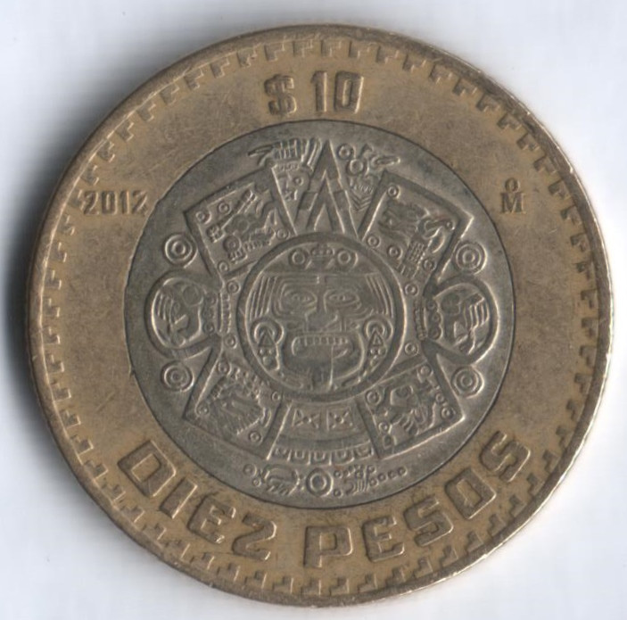 Монета 10 песо. 2012 год, Мексика.