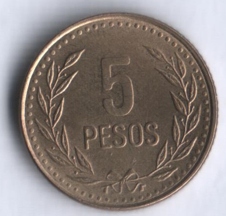 Монета 5 песо. 1993 год, Колумбия.