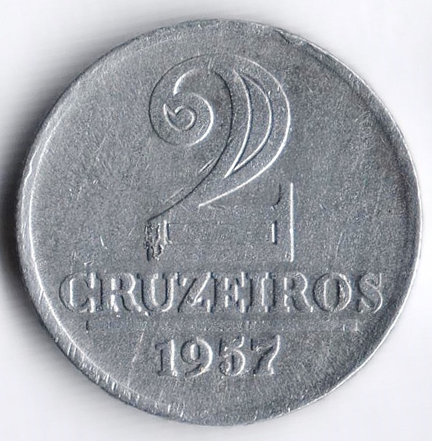 Монета 2 крузейро. 1957 год, Бразилия.