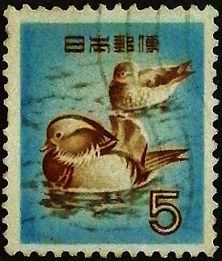 Почтовая марка (5 y.). "Мандариновые утки". 1955 год, Япония.