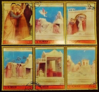 Набор марок (6 шт.) с блоком. "Джотто: Жизнь Девы Марии (I)". 1972 год, Аджман.