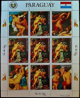 Блок марок. "Обнаженные фигуры Питера Пауля Рубенса, фрагменты картин". 1985 год, Парагвай.