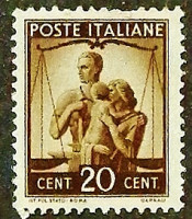Марка почтовая (20 l.). "Работа, правосудие и семья". 1945 год, Италия.