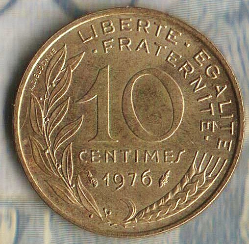 Монета 10 сантимов. 1976 год, Франция.