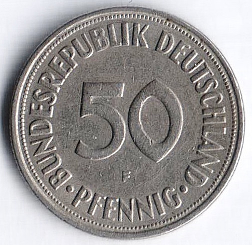 Монета 50 пфеннигов. 1970(F) год, ФРГ.