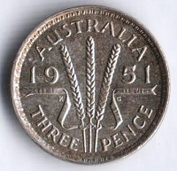 Монета 3 пенса. 1951(m) год, Австралия.