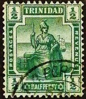 Почтовая марка (⅟₂ p.). "Сидящая Британия". 1909 год, Тринидад.