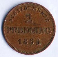Монета 2 пфеннига. 1865 год, Бавария.