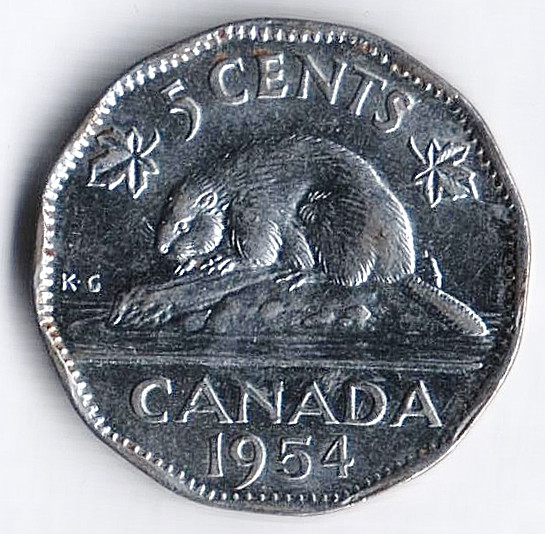 Монета 5 центов. 1954 год, Канада.