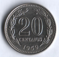 Монета 20 сентаво. 1959 год, Аргентина.