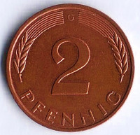 Монета 2 пфеннига. 1988(G) год, ФРГ.