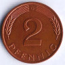 Монета 2 пфеннига. 1988(G) год, ФРГ.