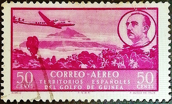 Почтовая марка (50 c.). "Авиапочта". 1951 год, Испанская Гвинея.