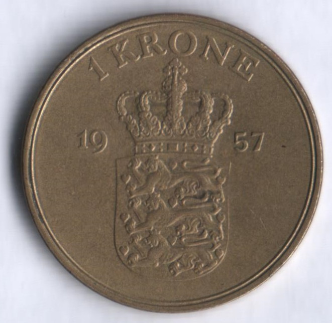 Монета 1 крона. 1957 год, Дания. C;S.