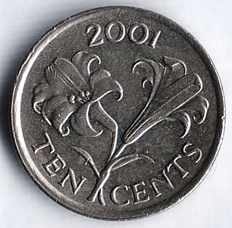 Монета 10 центов. 2001 год, Бермудские острова.
