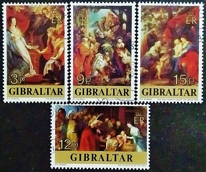 Набор почтовых марок (4 шт.). "Рождество: 400-летие со дня рождения Питера Пауля Рубенса". 1977 год, Гибралтар.