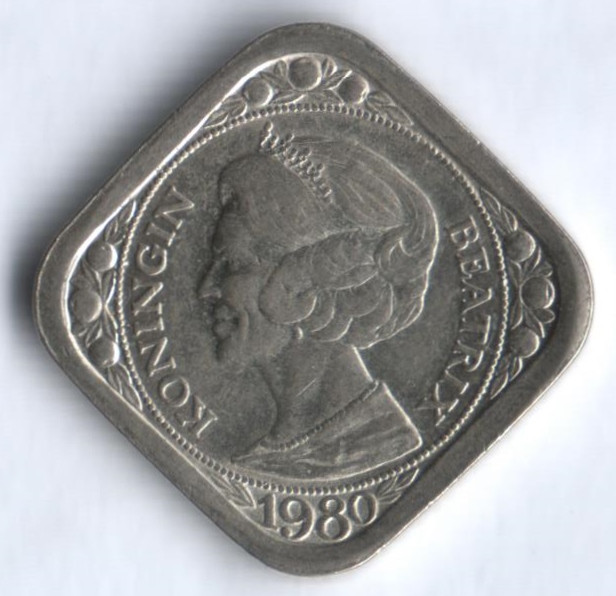 Монета 5 центов. 1980 год, Нидерланды. Королева Беатрикс.