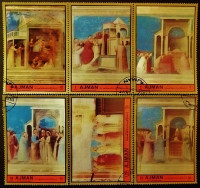 Набор марок (6 шт.) с блоком. "Джотто: Жизнь Девы Марии (II)". 1972 год, Аджман.