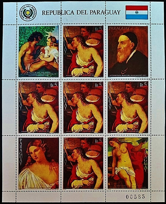 Блок марок. "Картины Тициана". 1986 год, Парагвай.